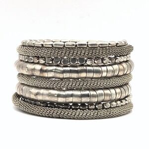 Silver Tone Multi Strand Coil Wrap Bracelet Stacked Mixed Metal Bead Boho